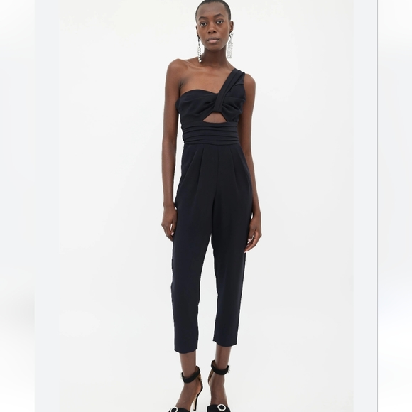 A.L.C. Athena Cropped Jumpsuit Black One Shoulder Cutout  Midriff Crepe 2 - Picture 1 of 8